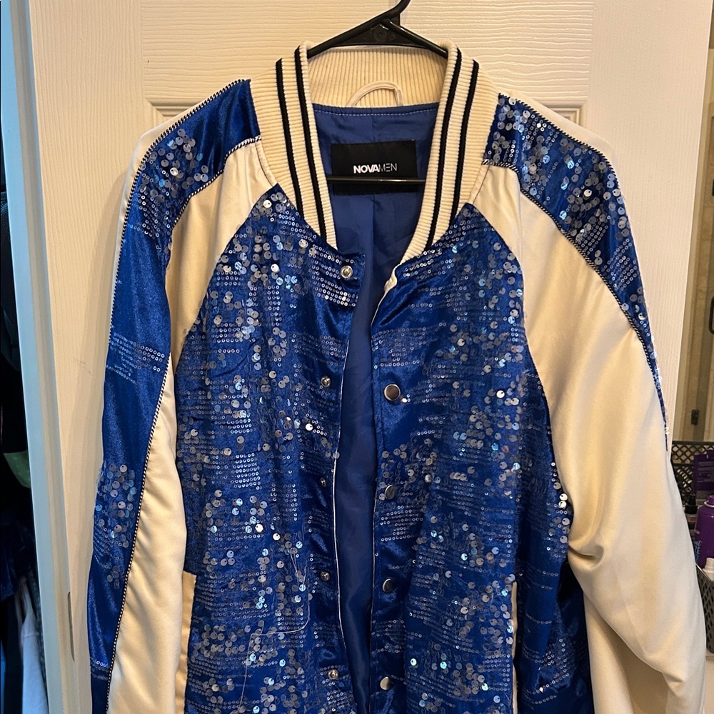 Blue and White Sequin Varsity Jacket